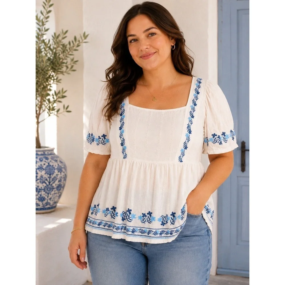 Old Navy Embroidered Peasant Blouse 3X Blue White Square Neck Plus Size Boho